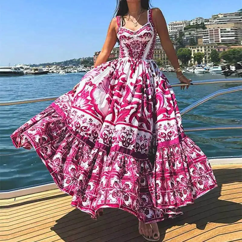 Elegant Summer Bohemian Sling Print Sleeveless A-line Long Dress