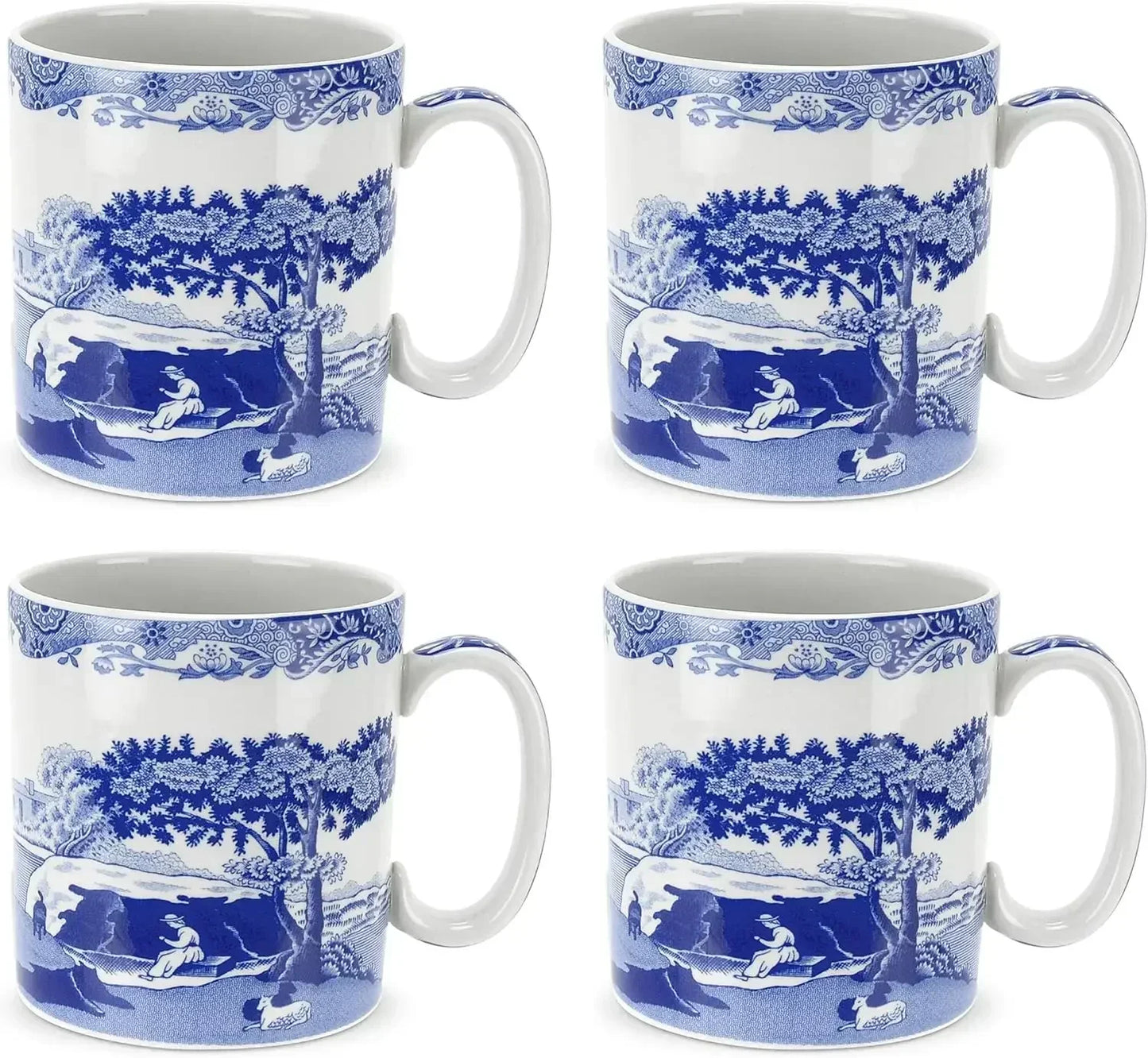 Blue Italian 16oz Jumbo Cup - Scenic Motif & Decorative Border - Elegant Hot Beverage Mug for Tea, Coffee - Brunch Table Drinkwa