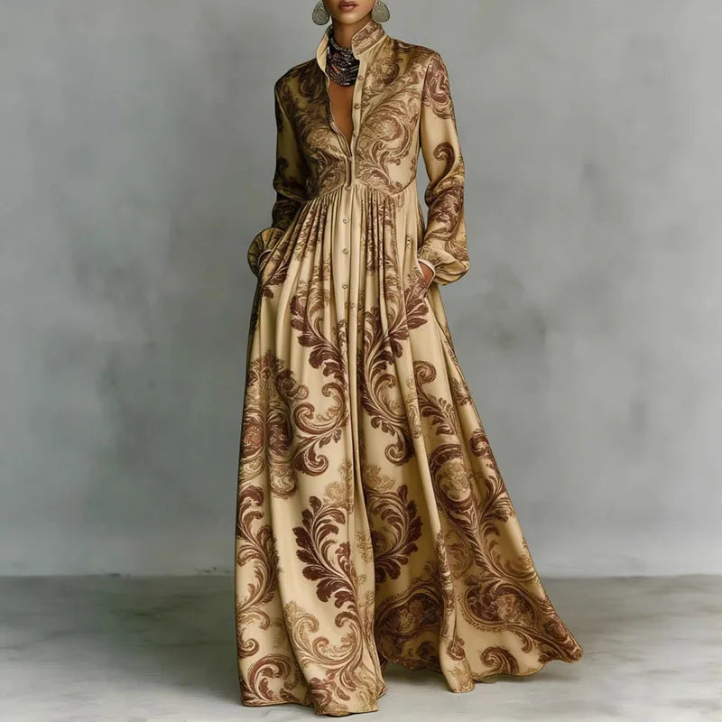 Retro Pattern Print High Waist Pleated Women Boho Dress Spring Shirt Collar Button Pockets Maxi Dress Long Sleeve