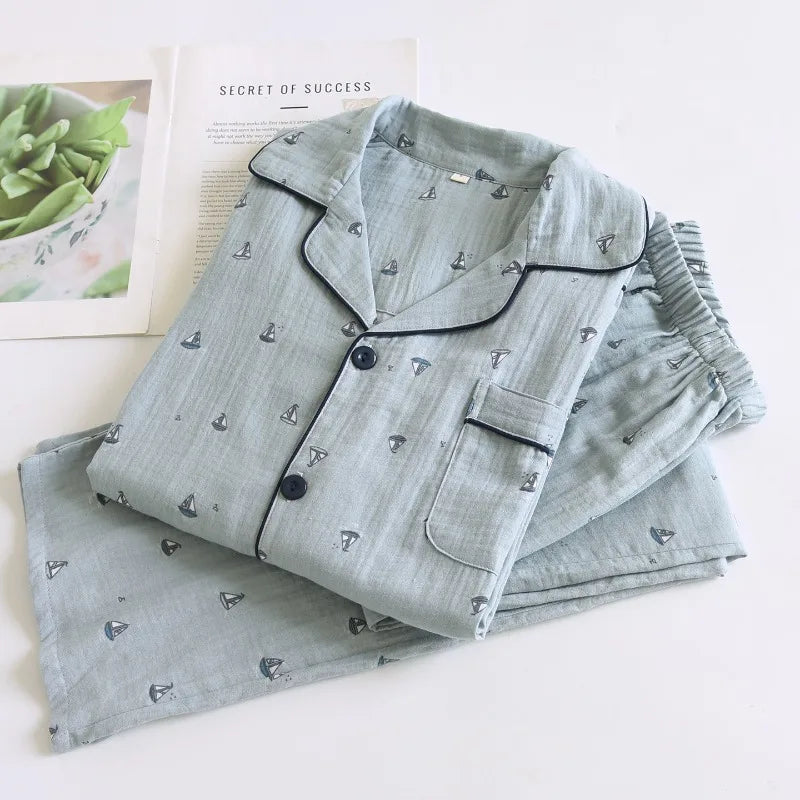 100% Cotton Gauze Men's Pajama Set Breathable Long Sleeve Sleepwear Button Down Loungewear with Nautical Print Soft Homewear