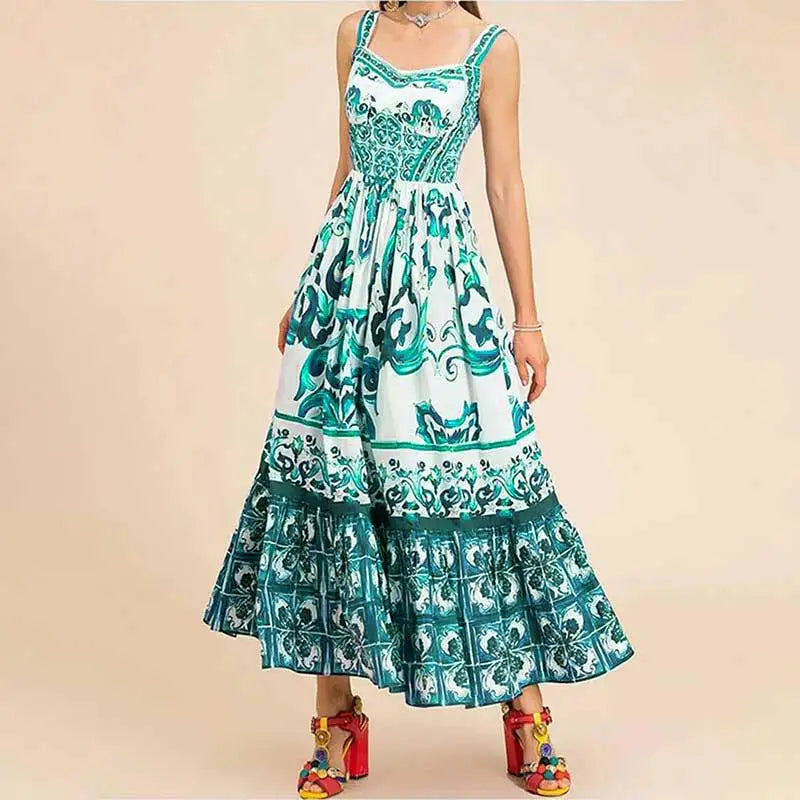 Elegant Summer Bohemian Sling Print Sleeveless A-line Long Dress