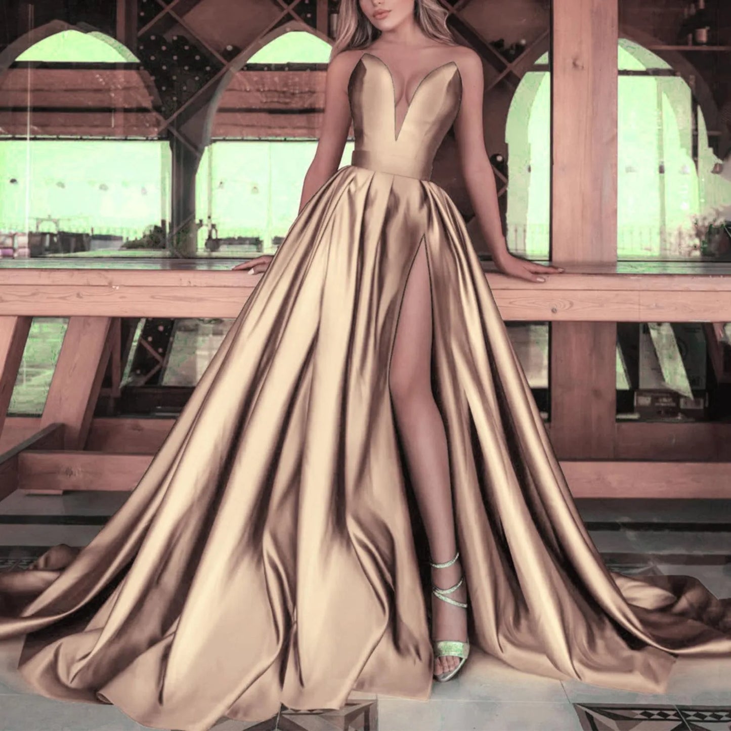 Elegant One Shoulder Sequin Sexy Dress A-Line Dress Solid Color High Split