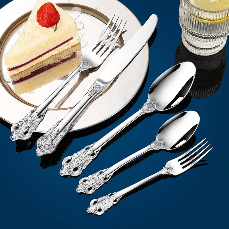 Luxury Gold Cutlery Set Vintage Dinnerware Set 18/10 Stainless Steel Silver Flatware Knife Fork and Spoon