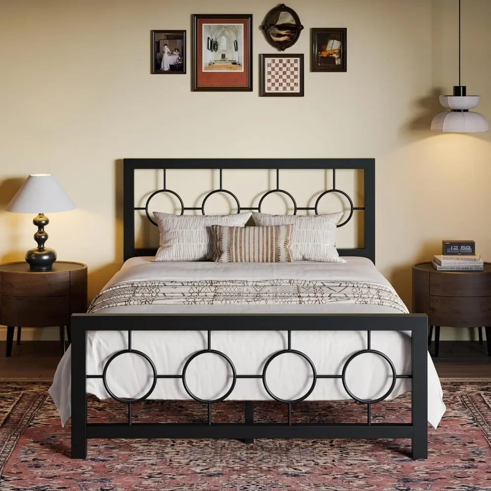 Bed Frame with Vintage Circular Design Headboard and Footboard, No Box Spring Required, Easy Assembly, Noise-Free