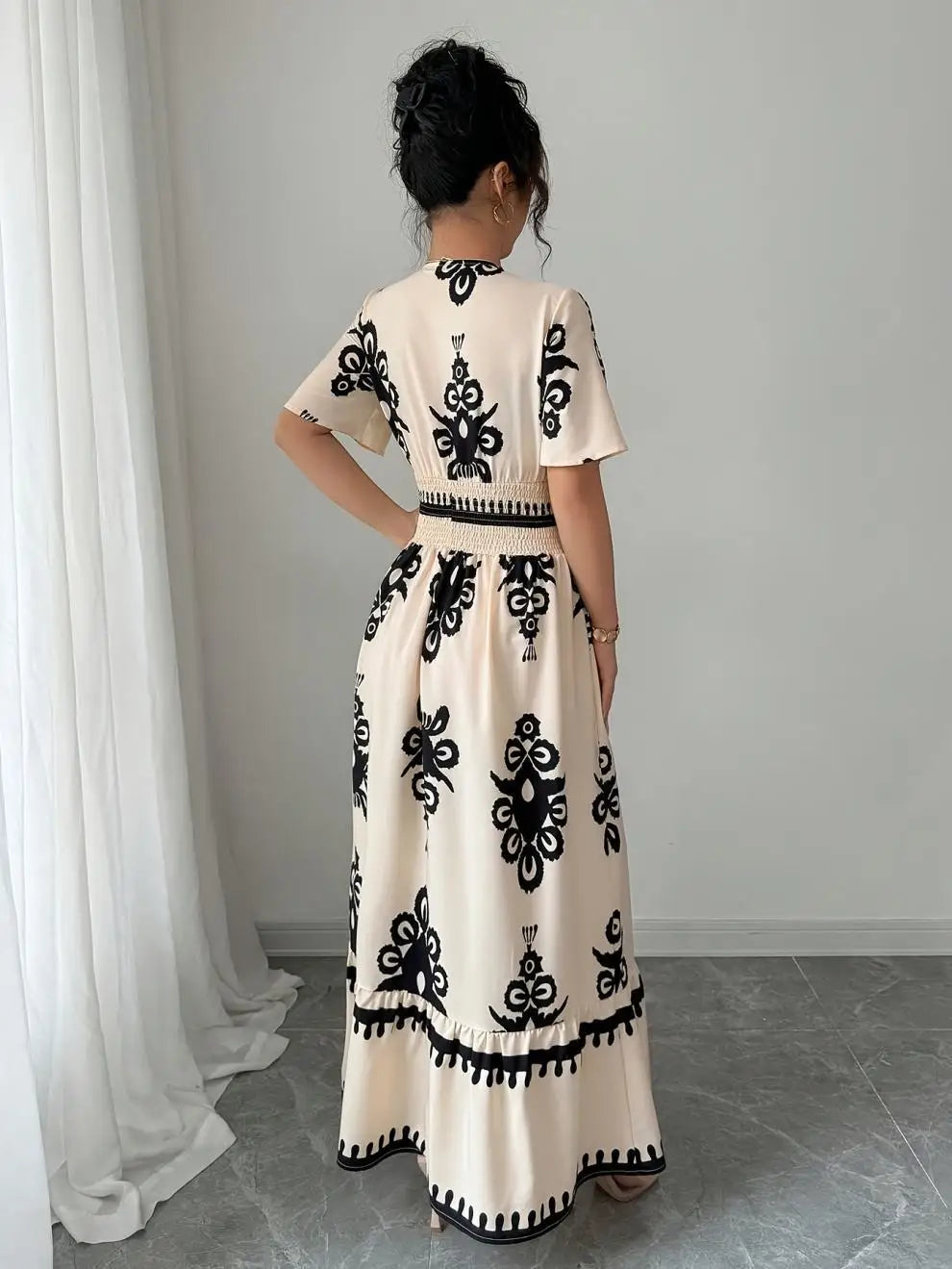 Women Summer Long Dress Vintage Print Maxi Gown V Neck Short Sleeve Tight Waist A Line