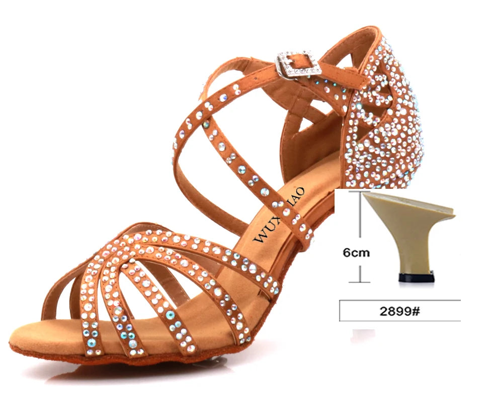 Ballroom Diamond Latin Dance Soft Sole Shoes Silver Bronze Skin color