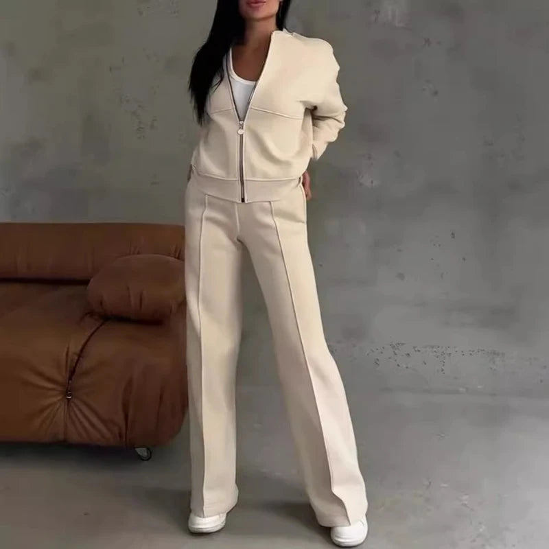 Women Casual Solid Pant Sets Two Piece Sweatshirts Full Sleeve Zipper Coats Long Pants Pockets Autumn Winter