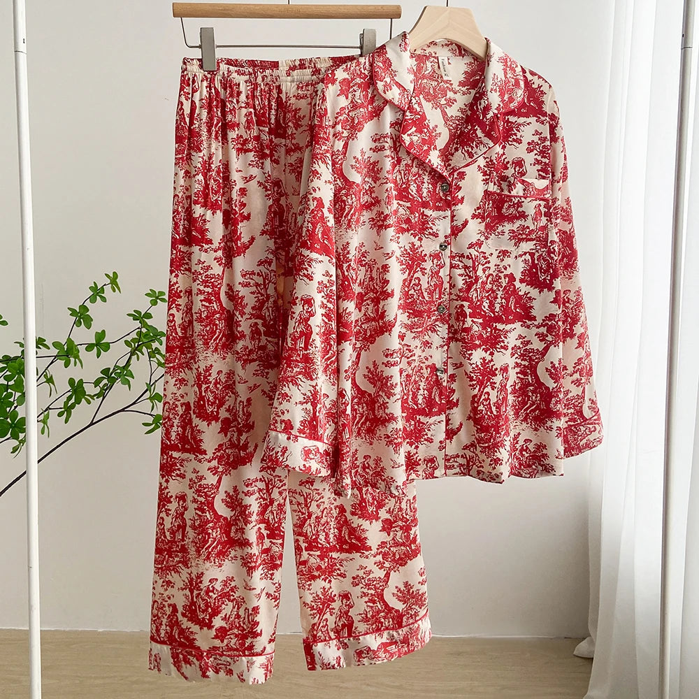 Silk Satin Print Long Sleeve Pajamas Suit Women Sleepwear Set