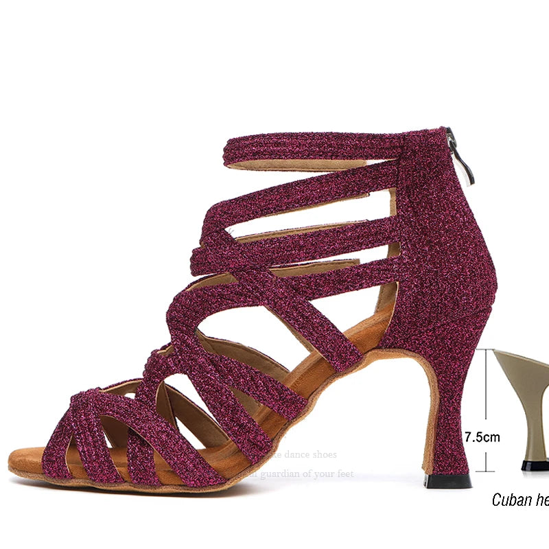 Dance Shoes Latin Gold Sandals For Women Cross straps Comfortable Low heel Square Samba Shoes