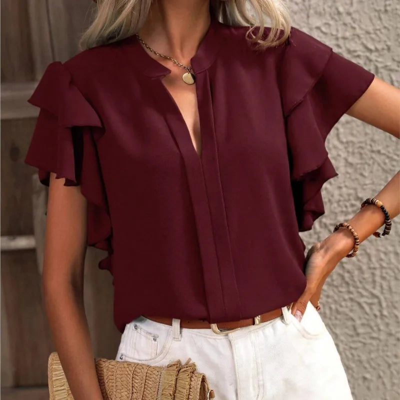 Elegant Women Summer Blouse V-neck Casual Double Layered Ruffle Sleeves