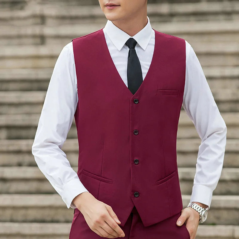 Man Vest Spring Autumn Simple Solid Color V-neck Slim Male Waistcoat Single-breasted Breathable Coat