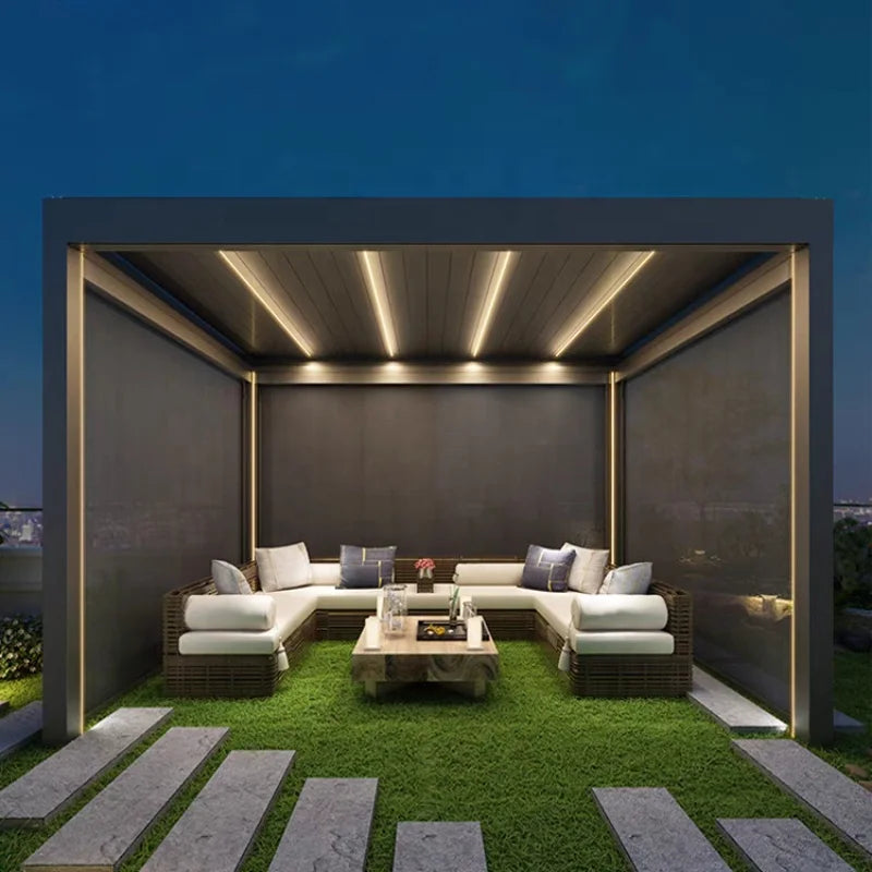 Aluminum pergola, rainproof, electrically adjustable gazebo, electric louvered awning, outdoor patio sunshade.