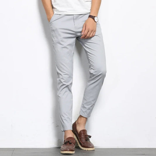 Summer Men's Fashions Solid Color Casual Pants Straight Elastic Ankle-Length