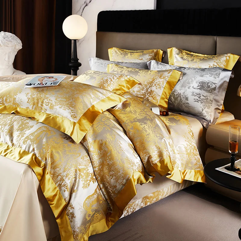 4/6Pcs Luxury Beige Gold Brocade Jacquard Egyptian Cotton Bedding Set Duvet Cover Flat/Fitted Bed Sheet Pillowcases