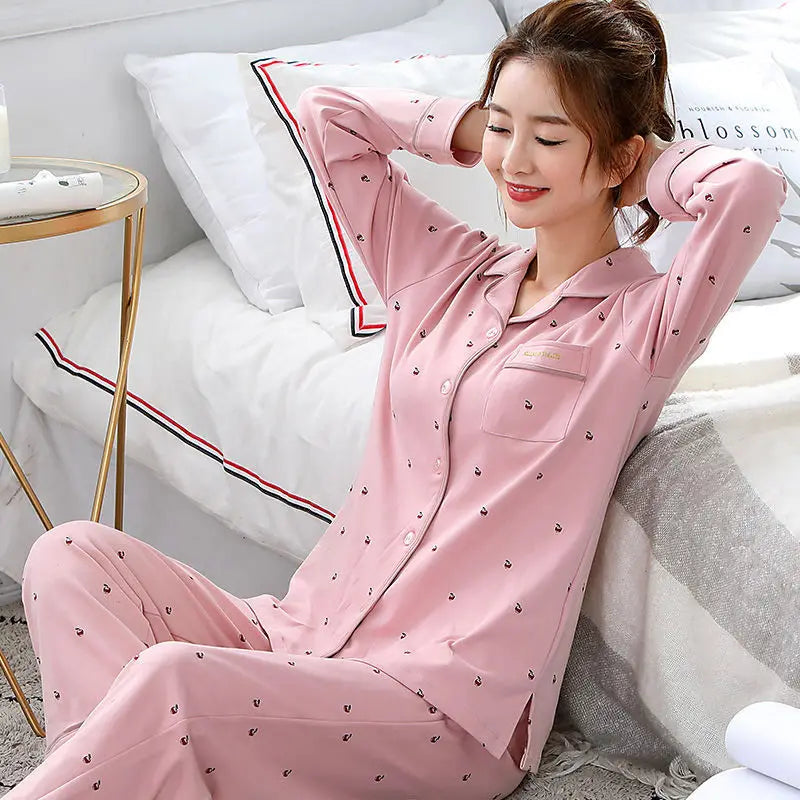 High Quality Large Size Women Cotton Pajamas Button down Tops and Trousers Set Sleepwear Homewear