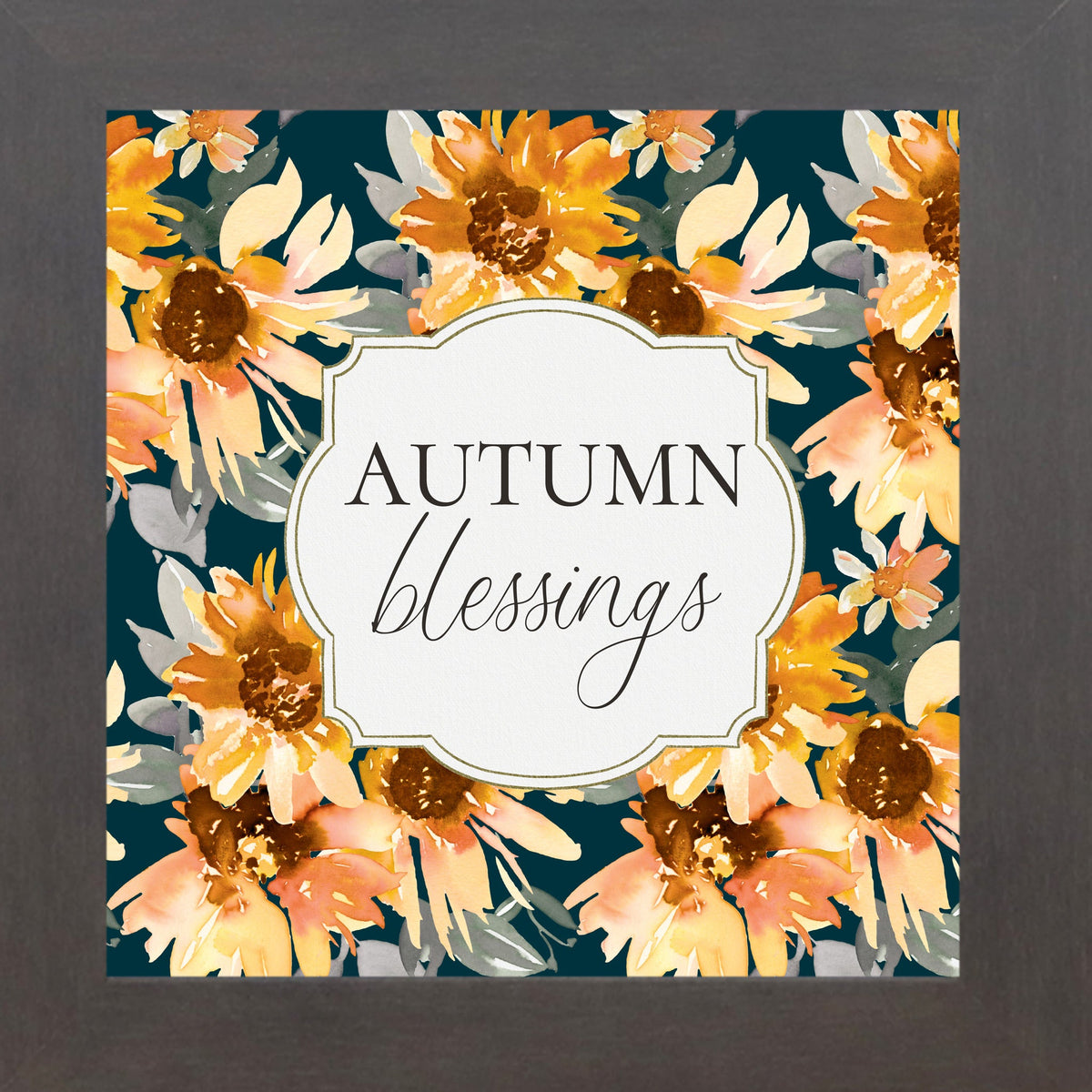 Autumn Blessings Wall Art – Navy Sunflower Fall Floral Square Farmhouse Framed Decor (SB307)