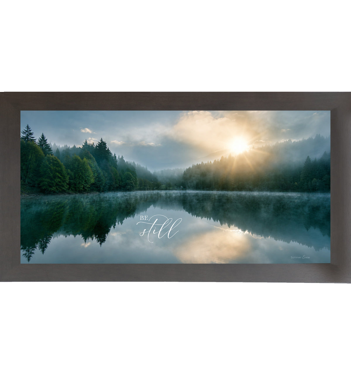 Be Still Wide Landscape Wall Art – Misty Lake Sunrise Christian Scripture Decor (SB765)