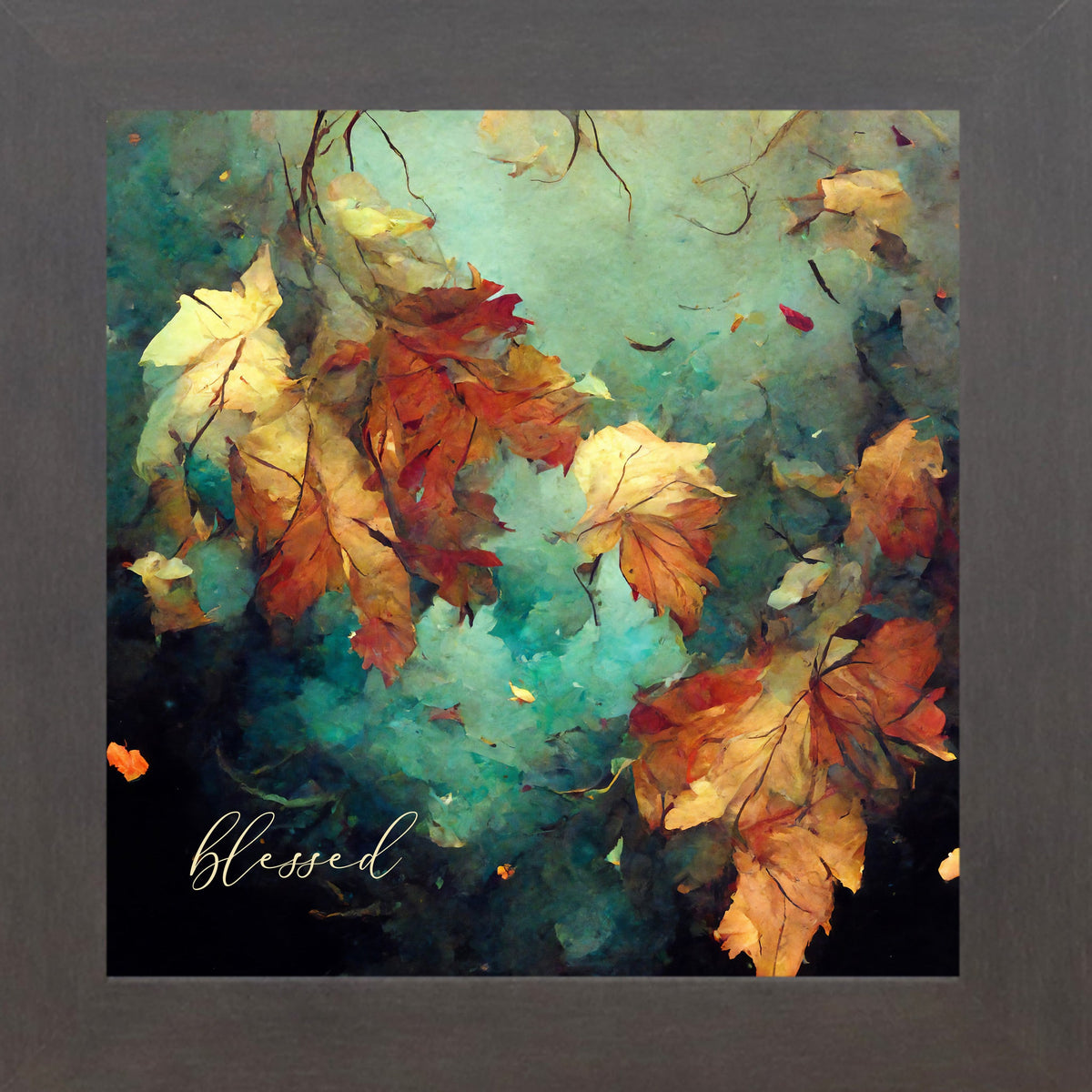Blessed Fall Wall Art – Teal Watercolor Autumn Leaves Square Farmhouse Decor (SB305)