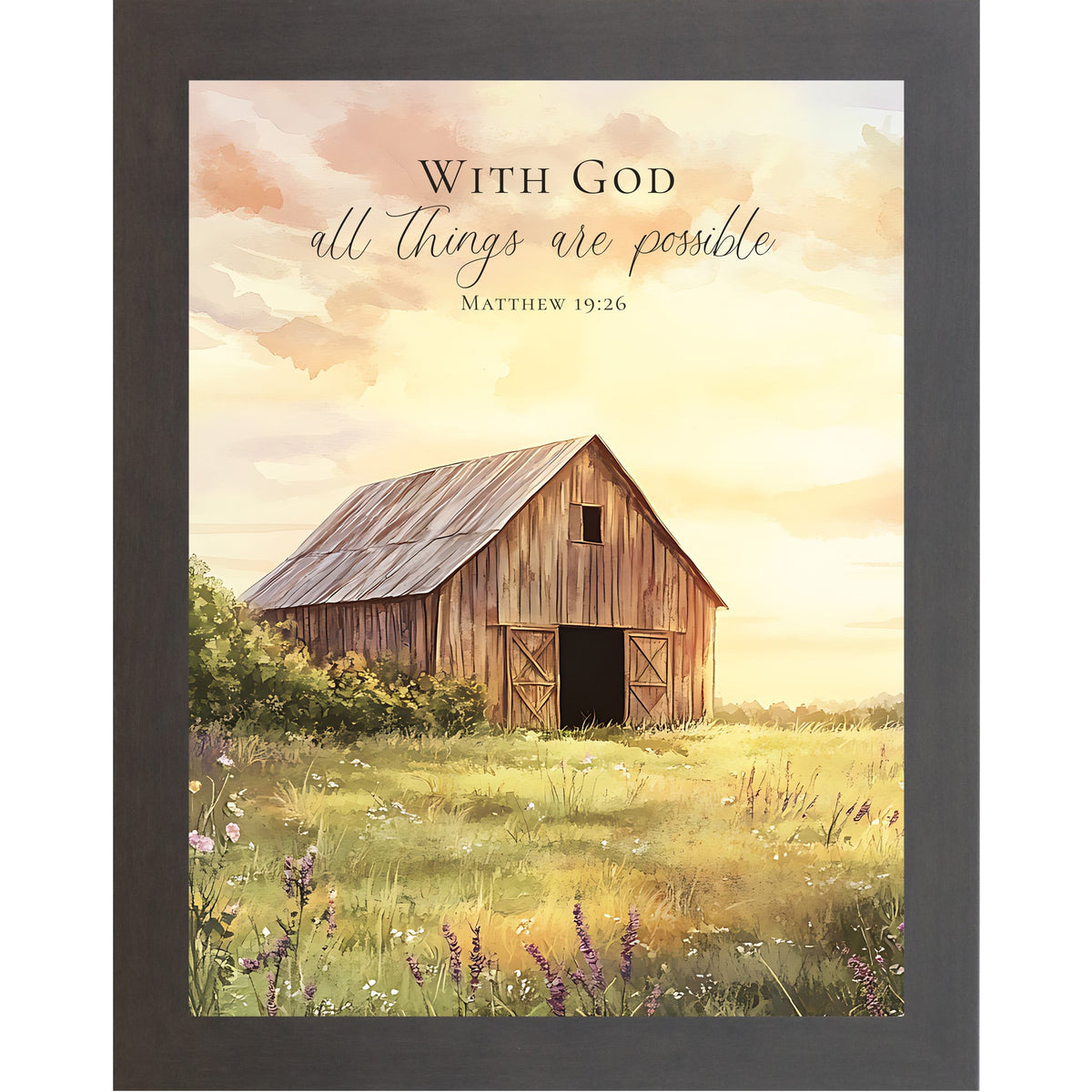 With God All Things Are Possible Wall Art – Matthew 19:26 Farmhouse Barn Sunrise Framed Decor (SB256)