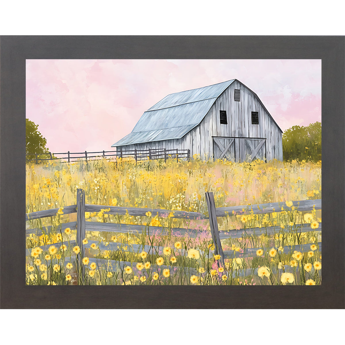 Yellow Wildflower Barn Wall Art – Farmhouse Summer Scenic Landscape Decor (SB253)