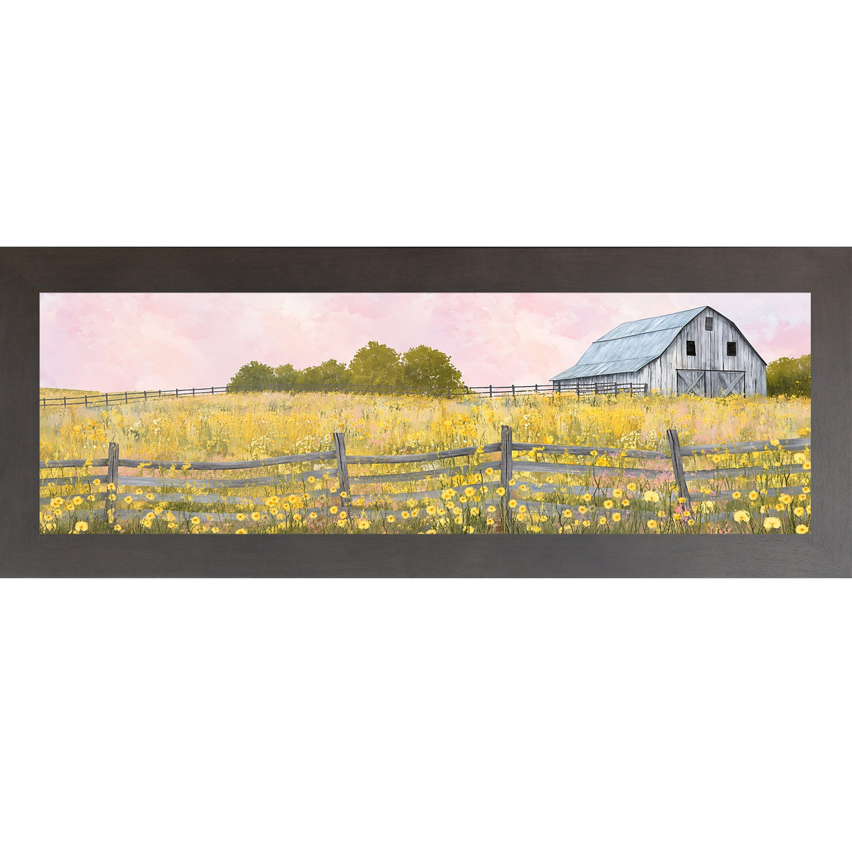 Yellow Wildflower Barn Wide Landscape Wall Art – Farmhouse Summer Scenic Panoramic Decor (SB950)