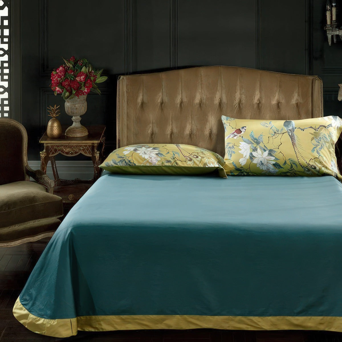 Solarosa Yellow Flower Bird Silky Egyptian Cotton Bedding Set