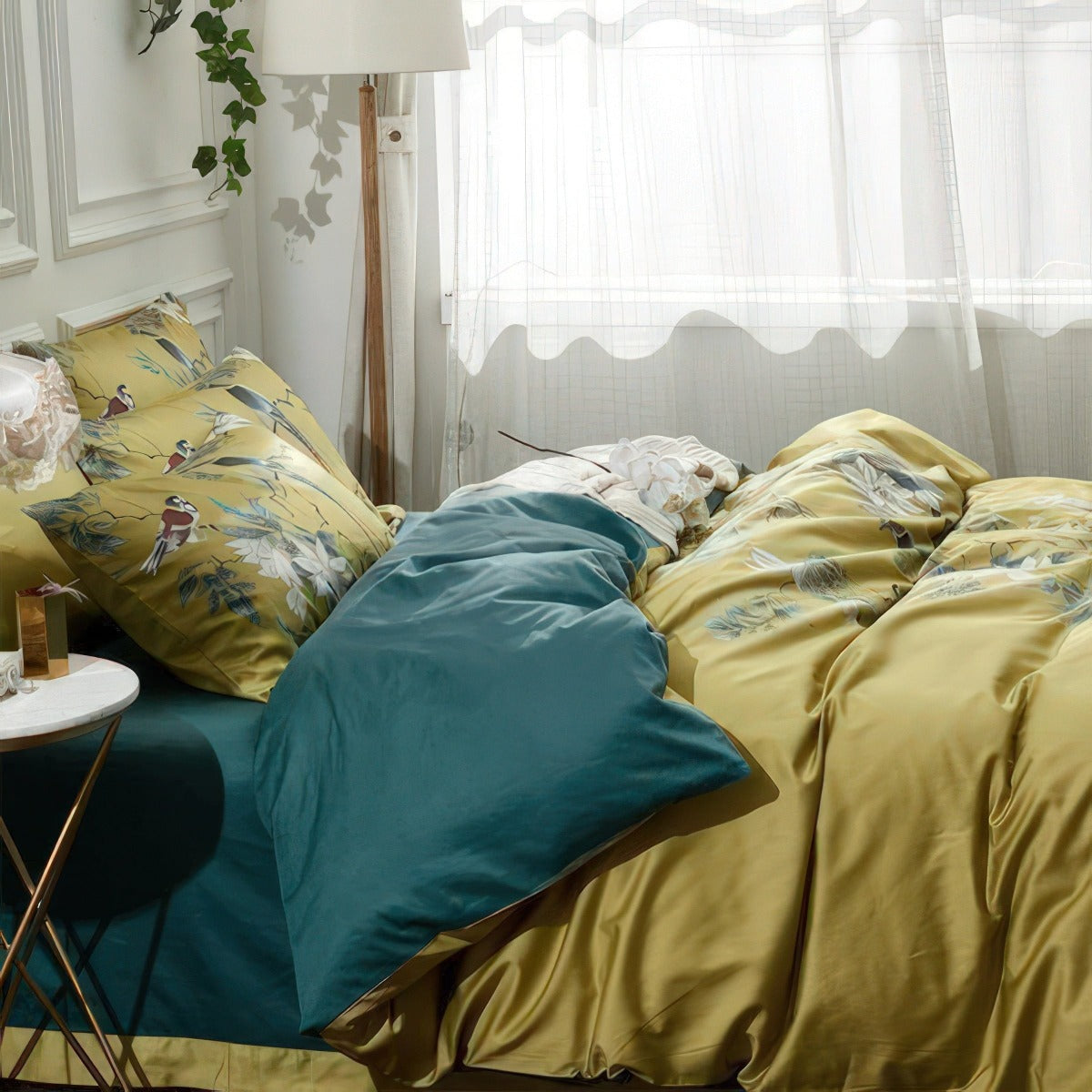 Solarosa Yellow Flower Bird Silky Egyptian Cotton Bedding Set