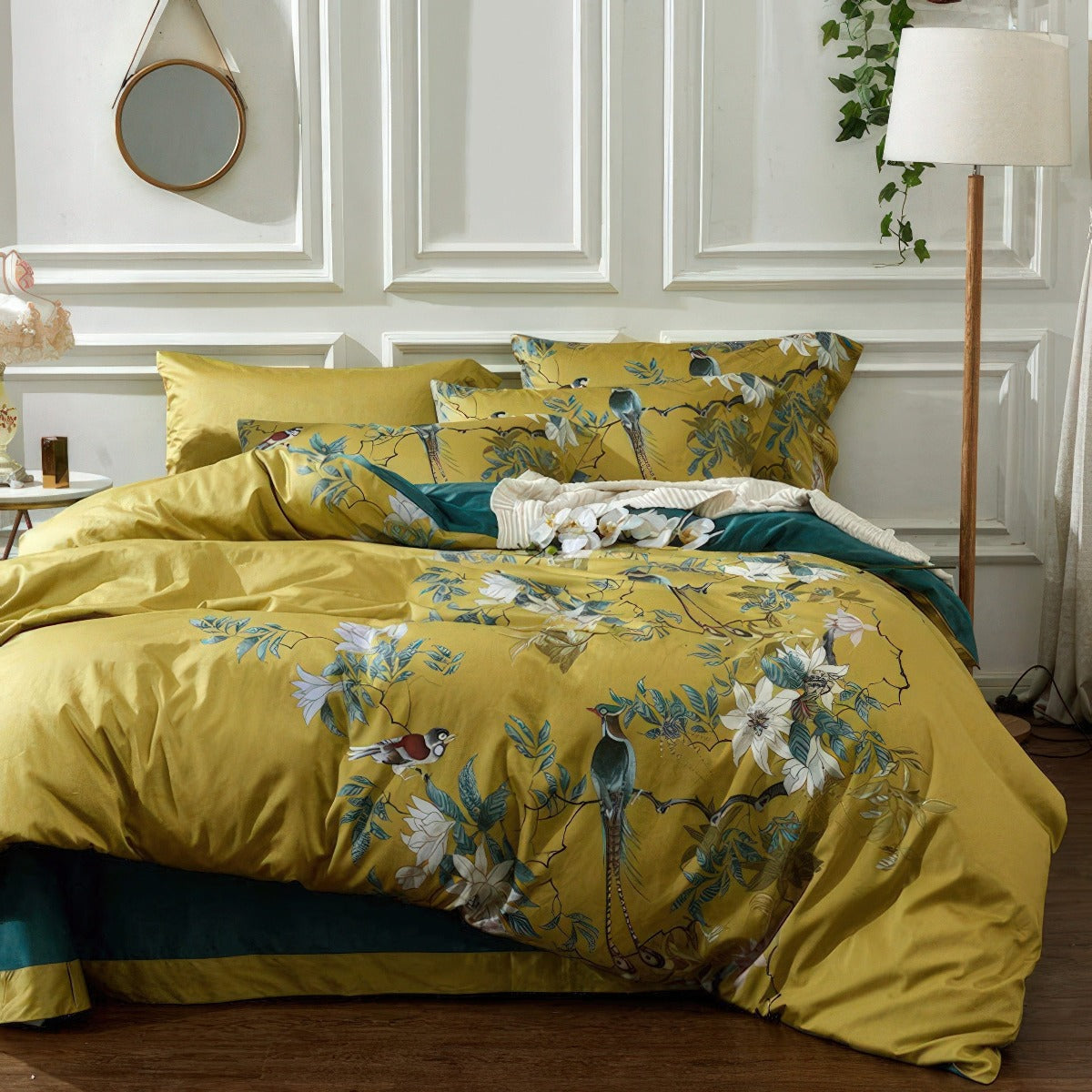 Solarosa Yellow Flower Bird Silky Egyptian Cotton Bedding Set