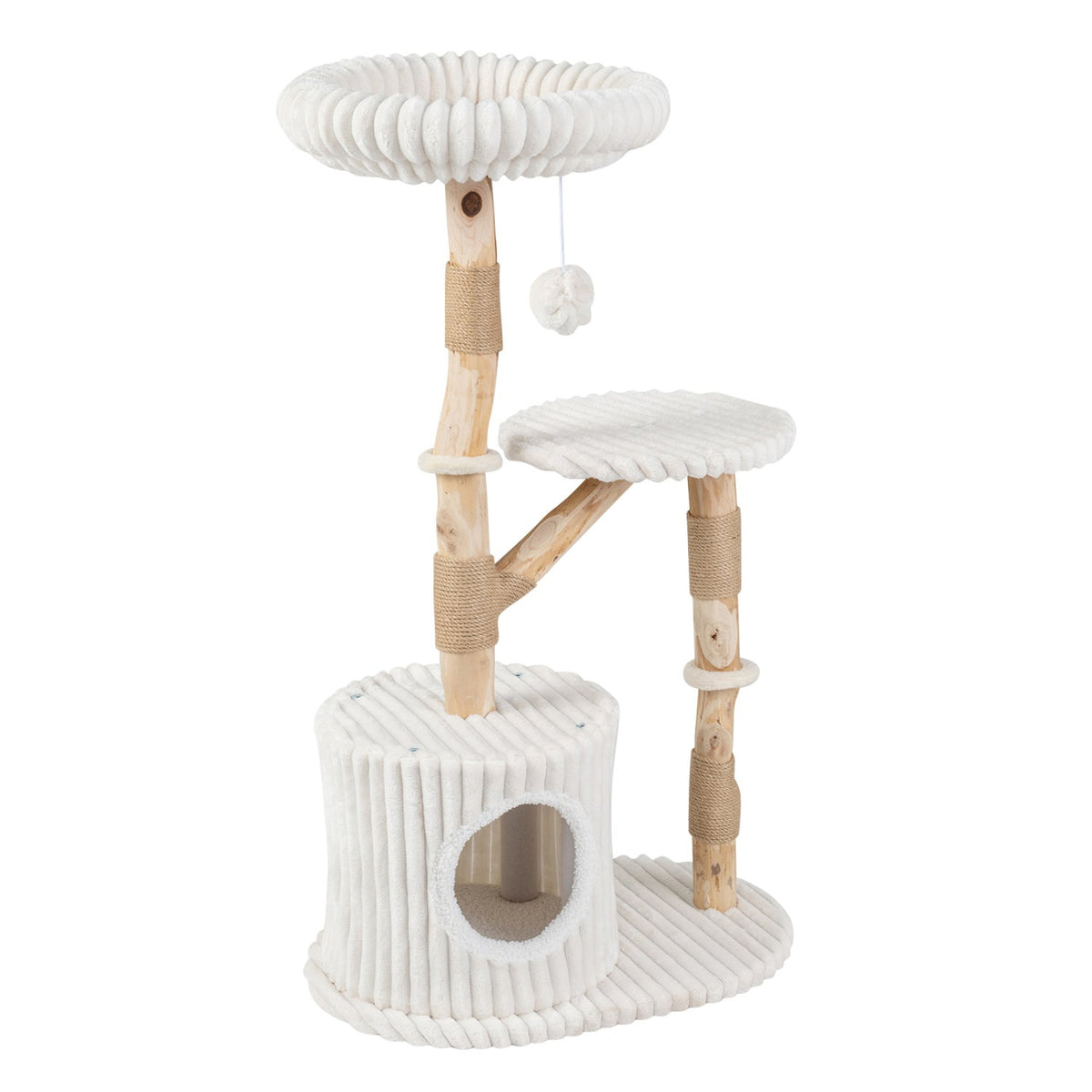 Solid Wood Cat Tree 41" with Real Branches & Cozy Bed