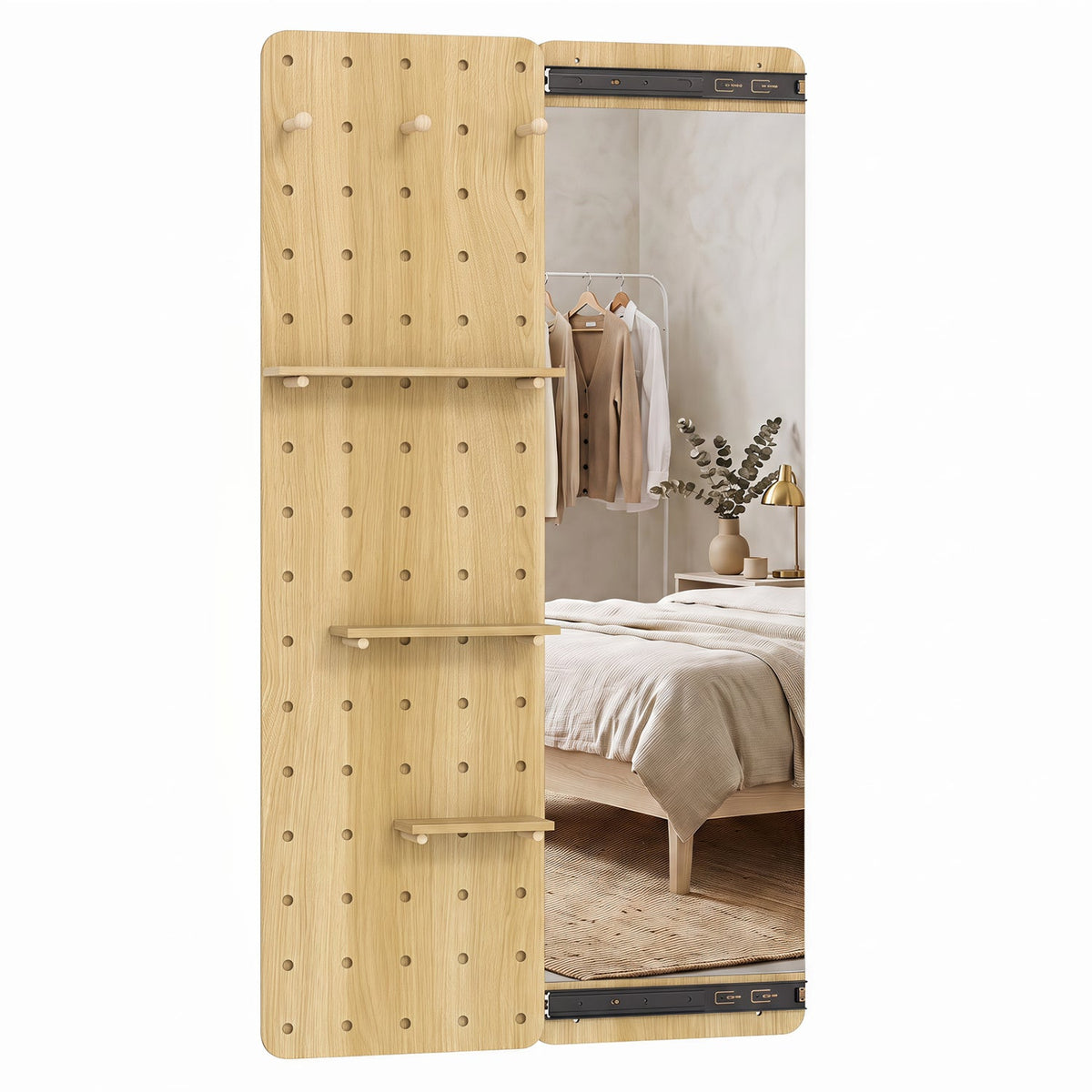 Full Length Wall Mirror with Sliding Pegboard & Shelves