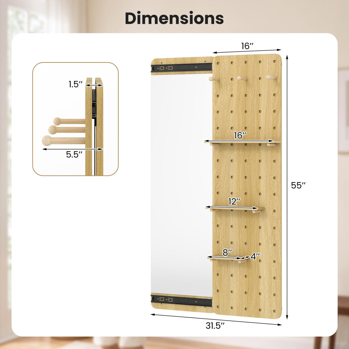 Full Length Wall Mirror with Sliding Pegboard & Shelves