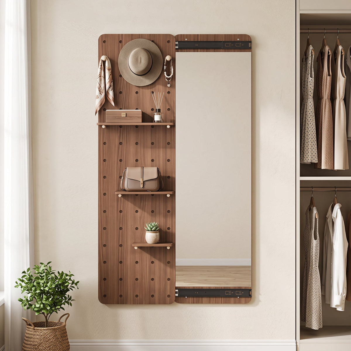 Full Length Wall Mirror with Sliding Pegboard & Shelves