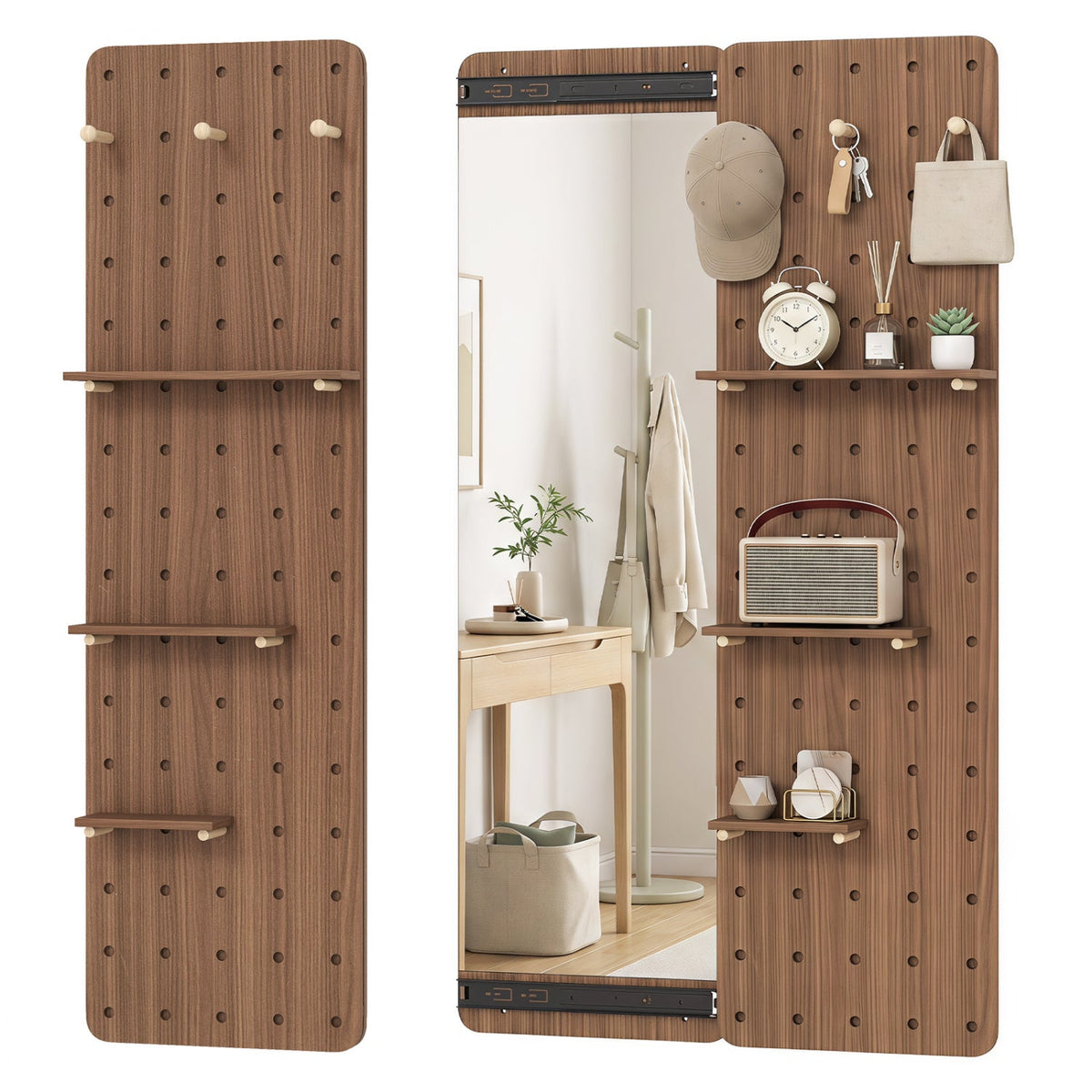Full Length Wall Mirror with Sliding Pegboard & Shelves