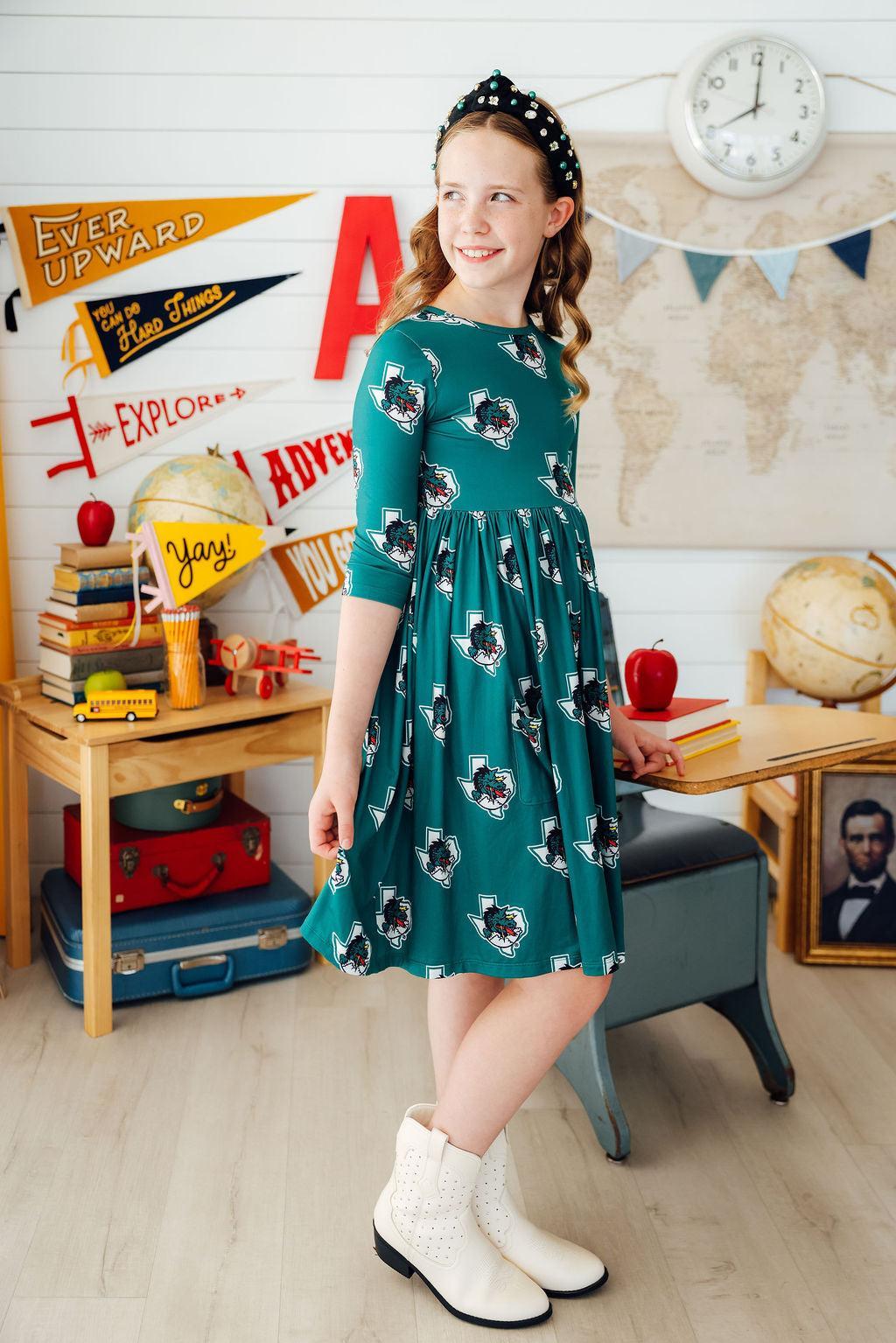 Southlake Carroll Dragons 3/4 Sleeve Pocket Twirl Dress