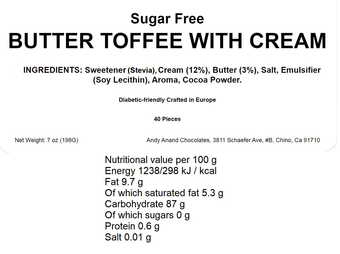 Andy Anand Sugar Free Butter Toffee Hard Candy – Stevia Sweetened, Gluten Free, Diabetic Friendly, 40 Pc 7 Oz, Made in Europe