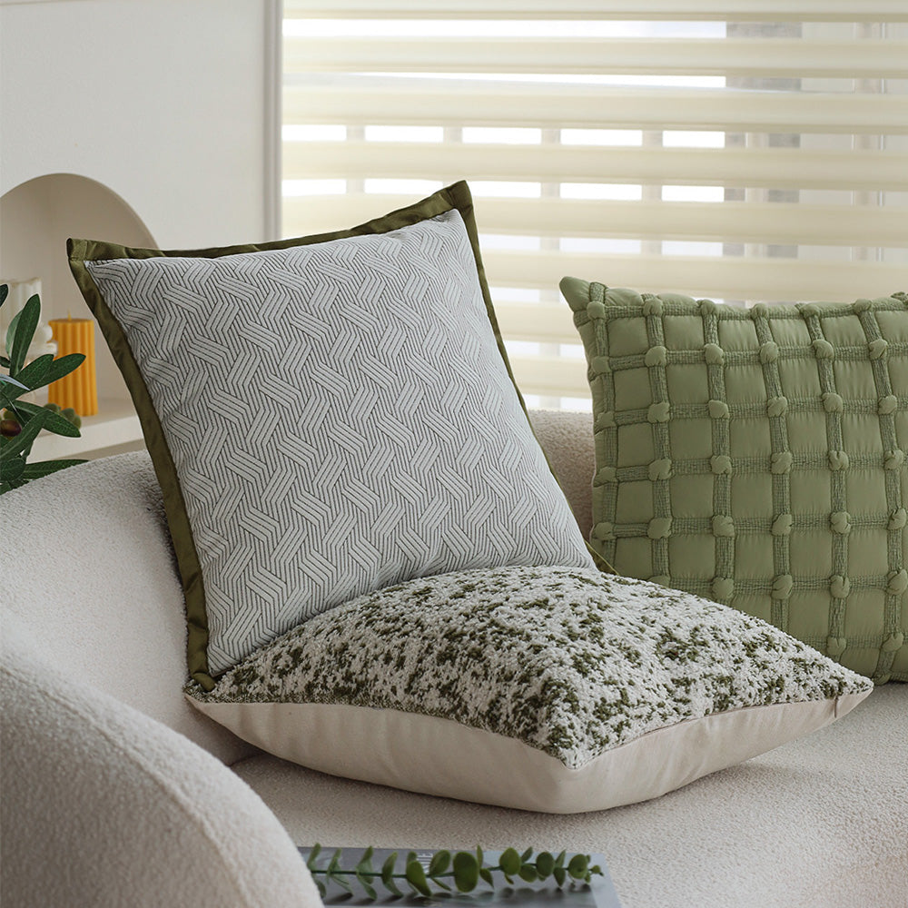 18"x18" square throw pillow set | herringbone trio | neutral white & olive green accents | 3-piece collection + insert options