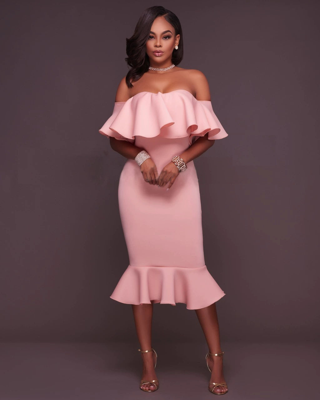 Women's Off Shoulder Lotus Leaf Dress