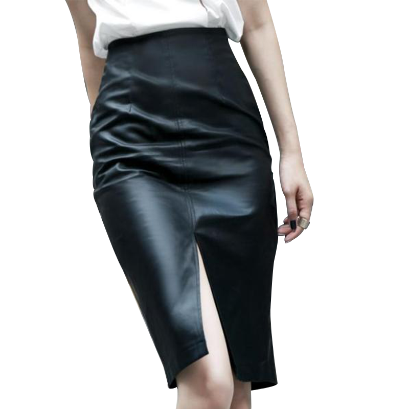 Front and Rear Slim-Fit High Waist Slim Leather Skirt