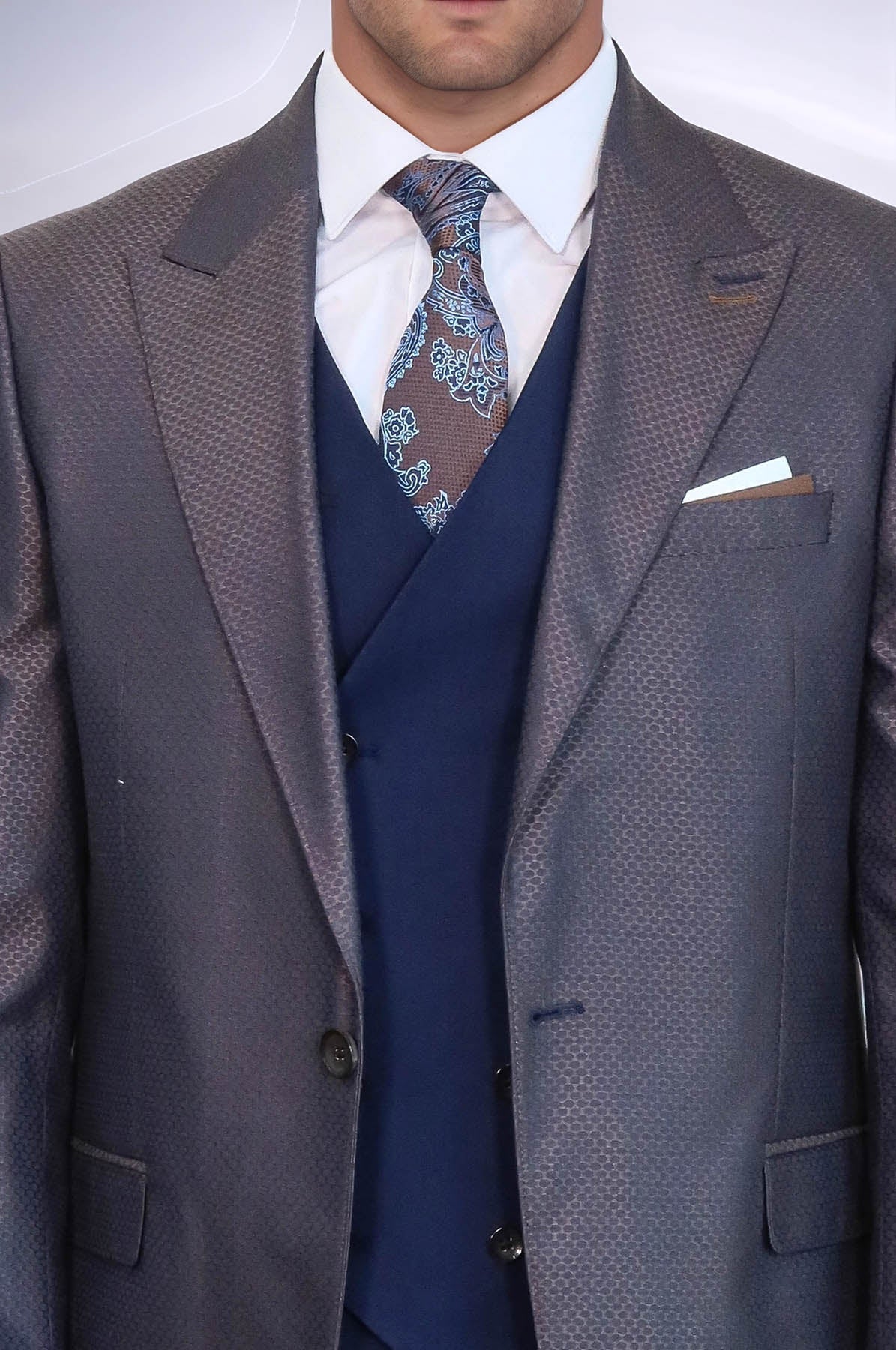 Patterned Navy Blue Brown Men Suit - Wessi