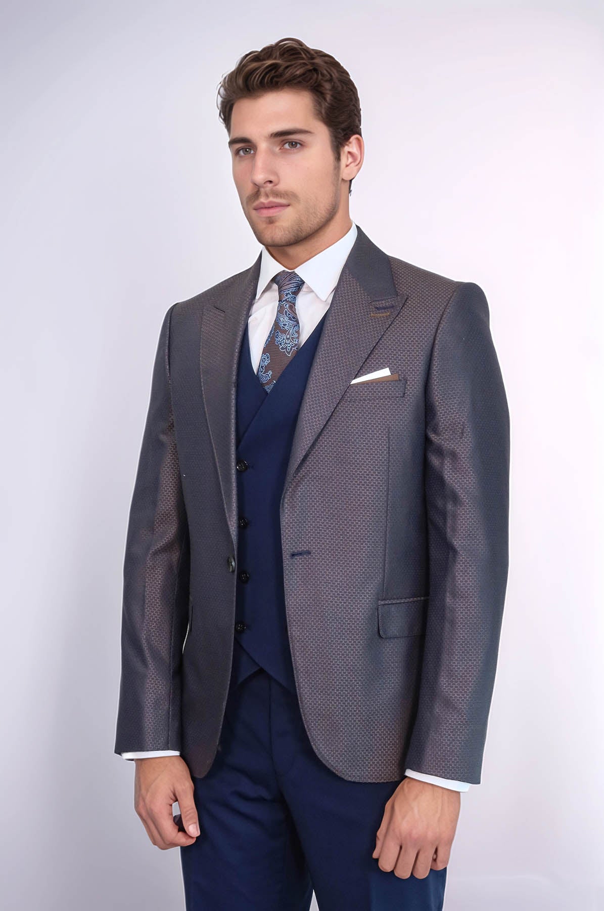 Patterned Navy Blue Brown Men Suit - Wessi