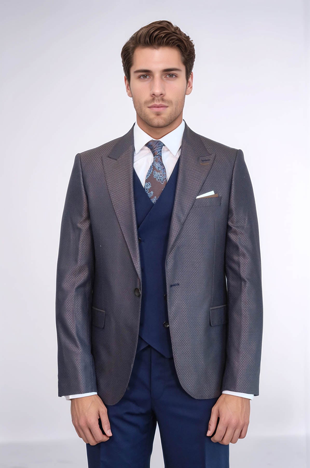 Patterned Navy Blue Brown Men Suit - Wessi