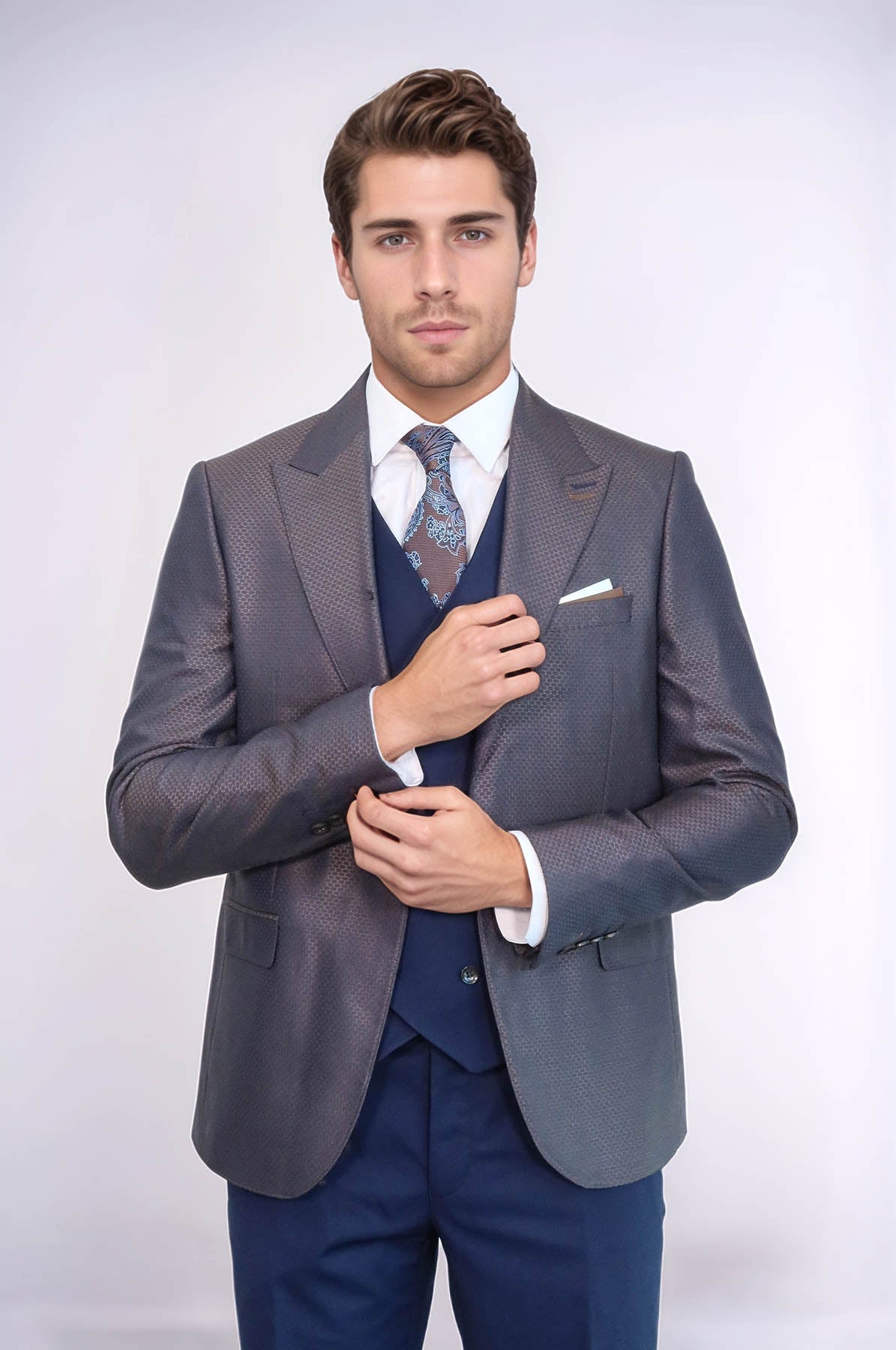 Patterned Navy Blue Brown Men Suit - Wessi