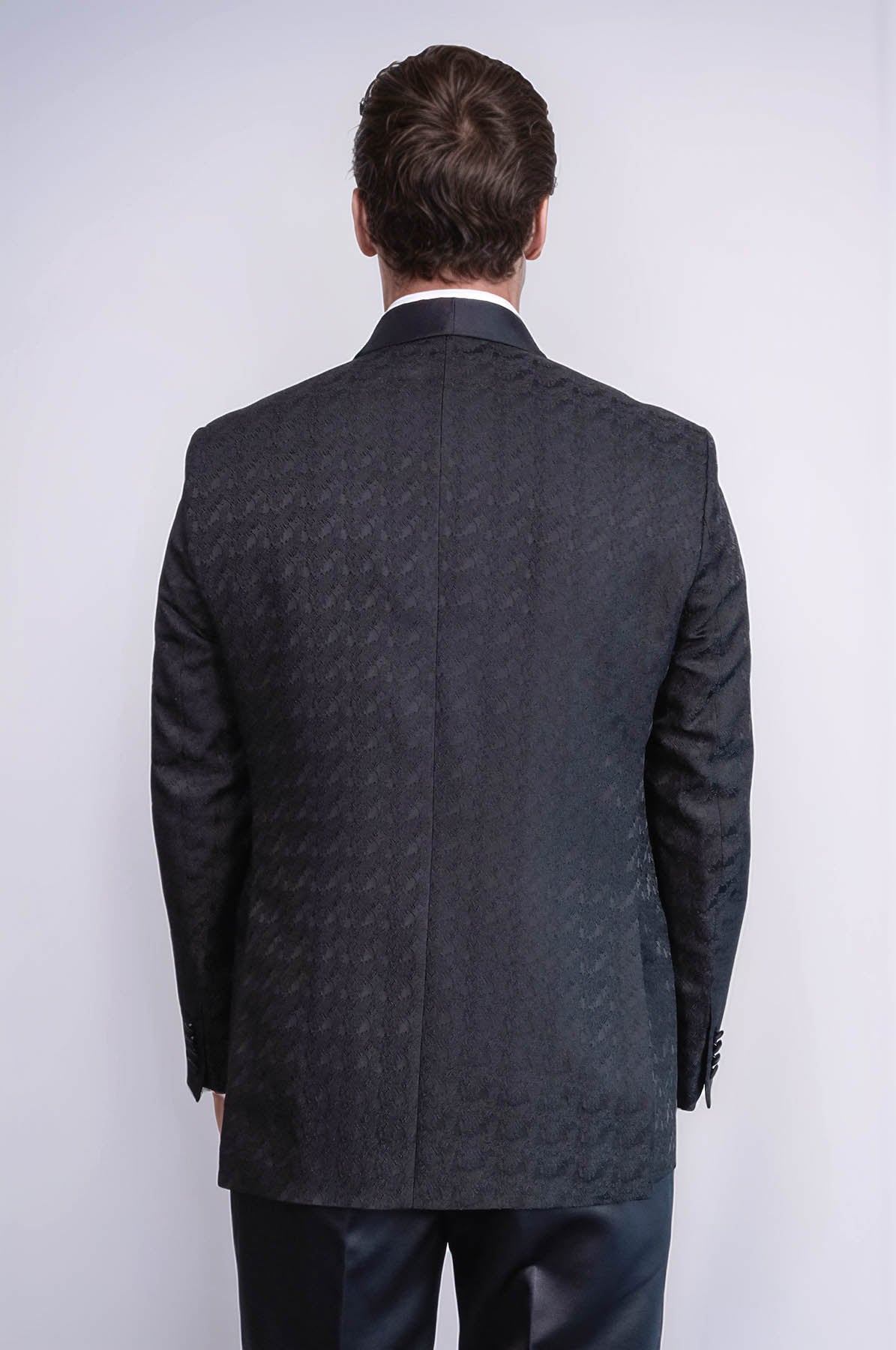 Satin Shawl Collar Patterned Double Breasted Black Men Tuxedo Suit - Wessi