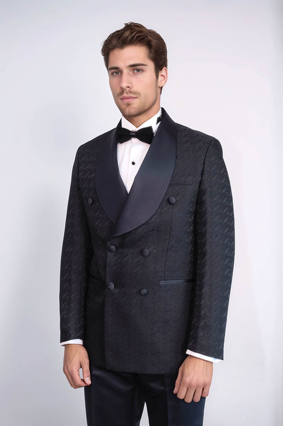 Satin Shawl Collar Patterned Double Breasted Black Men Tuxedo Suit - Wessi