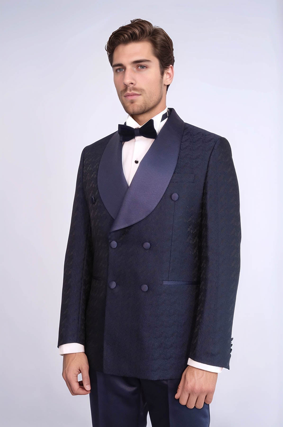 Satin Shawl Collar Patterned Double Breasted Navy Blue Men Tuxedo Suit - Wessi