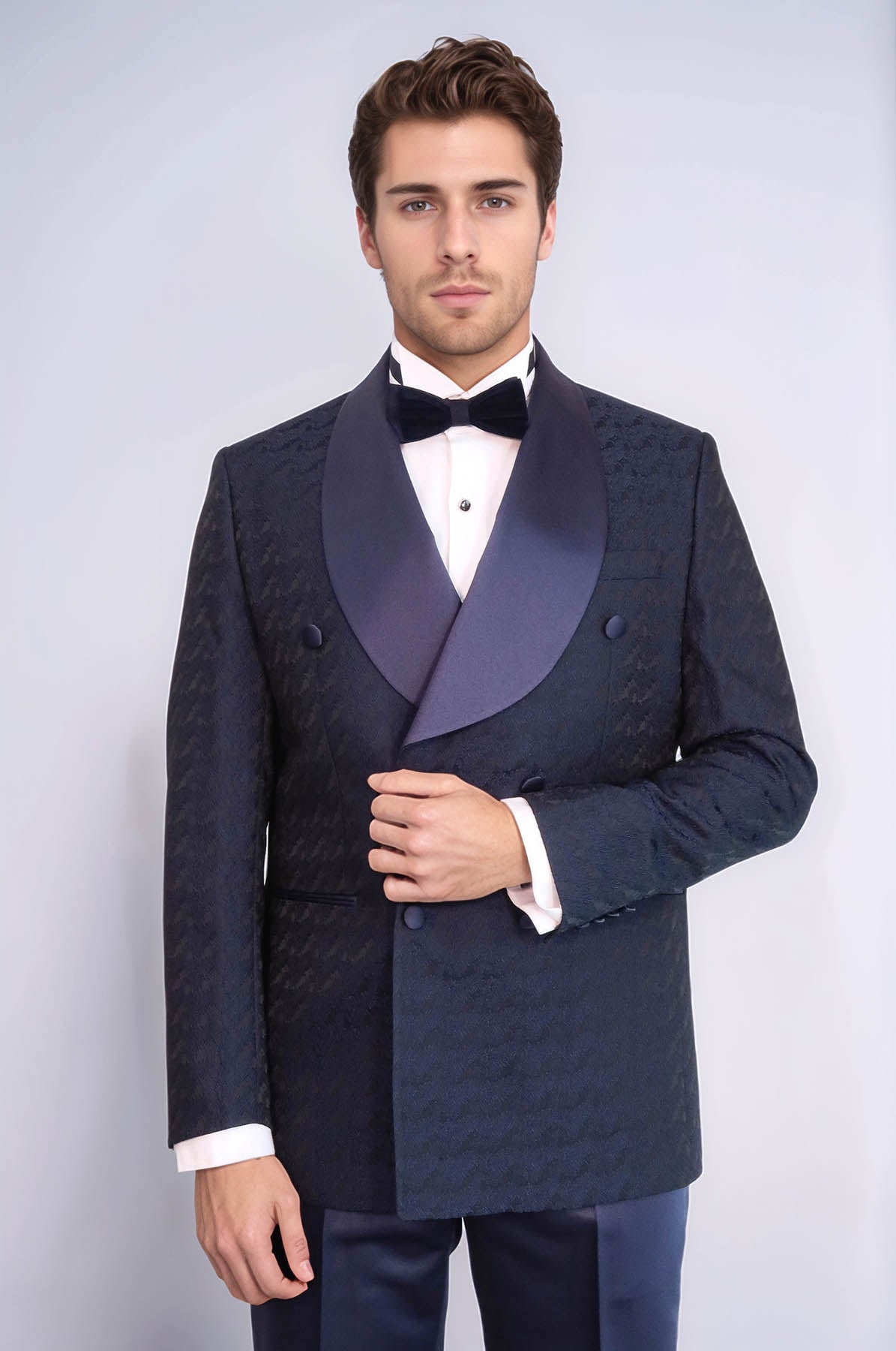 Satin Shawl Collar Patterned Double Breasted Navy Blue Men Tuxedo Suit - Wessi