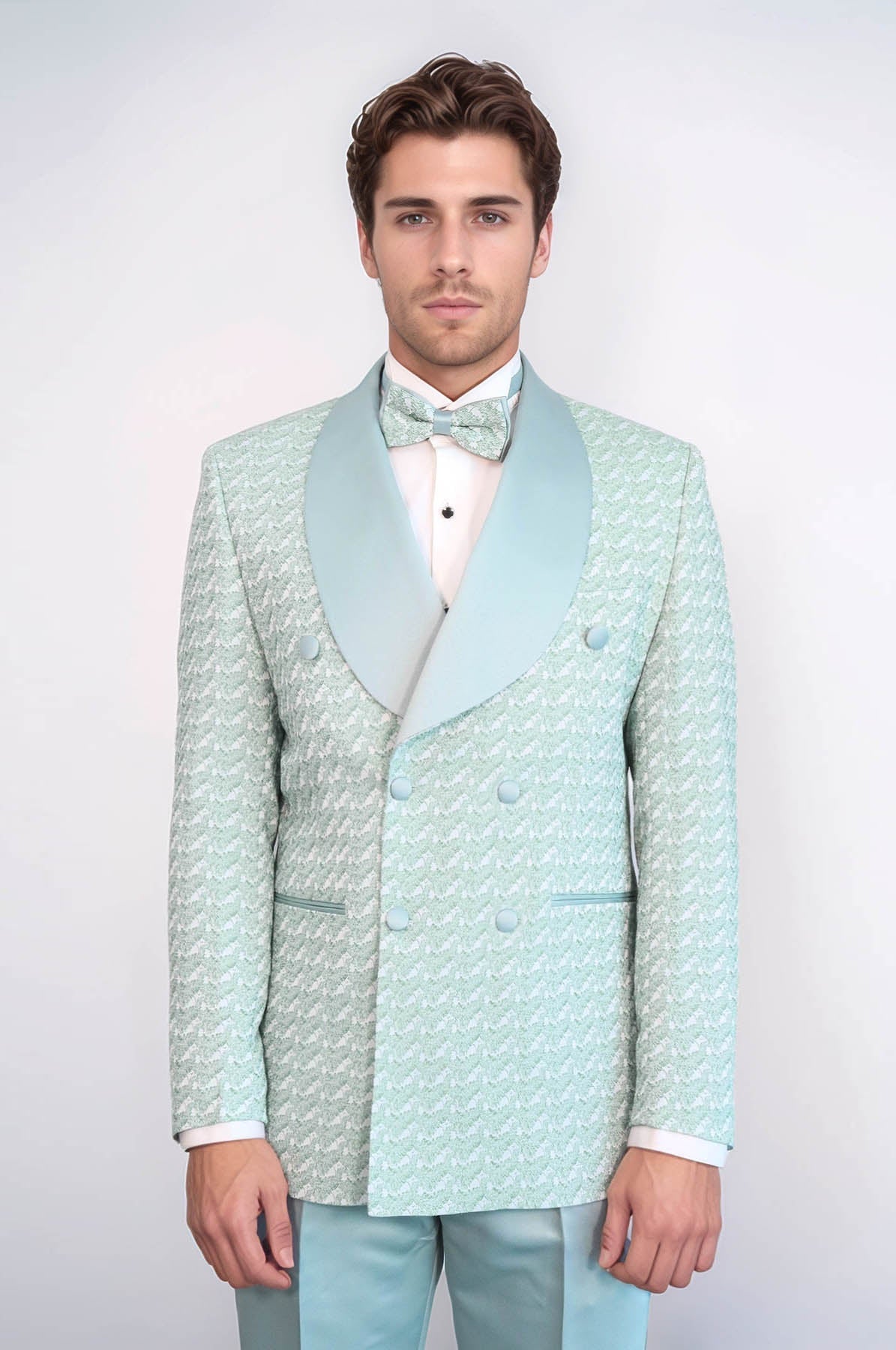 Satin Shawl Collar Patterned Double Breasted Sage Green Men Tuxedo Suit - Wessi