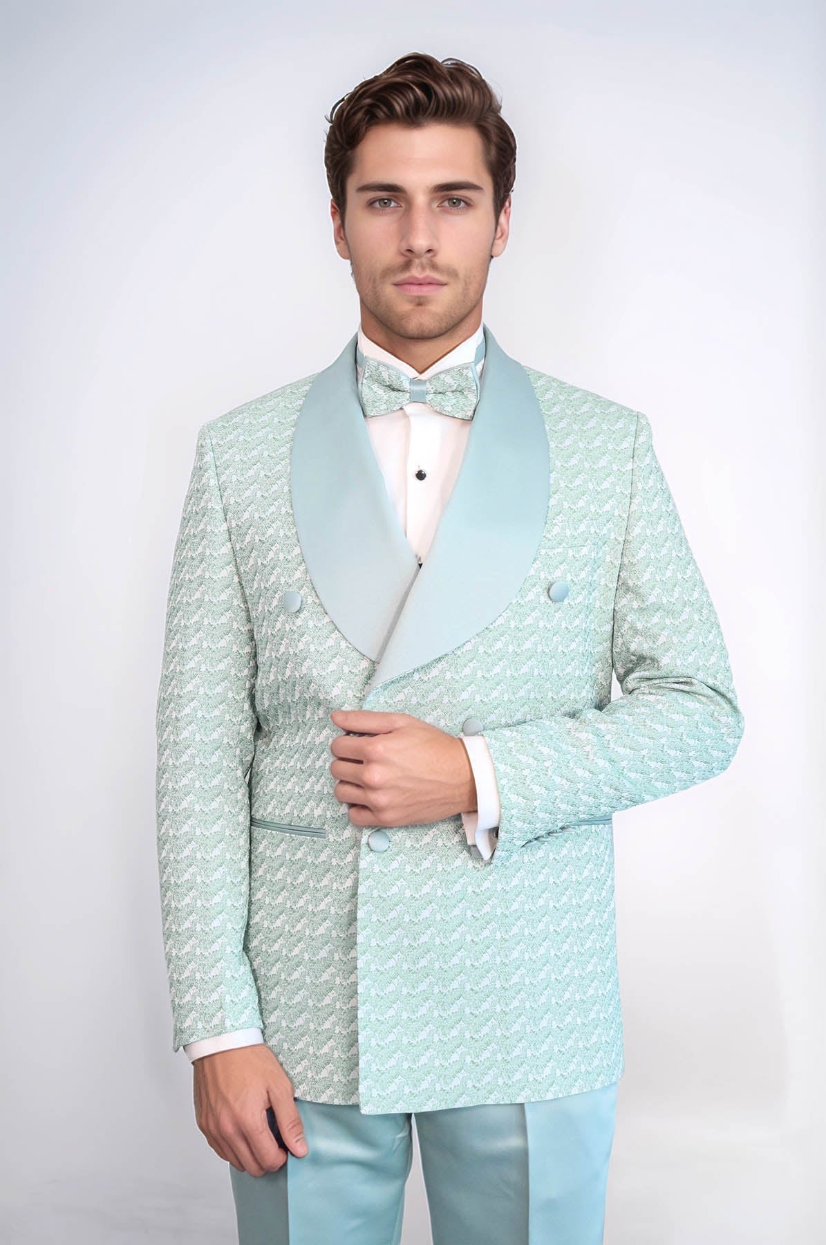 Satin Shawl Collar Patterned Double Breasted Sage Green Men Tuxedo Suit - Wessi