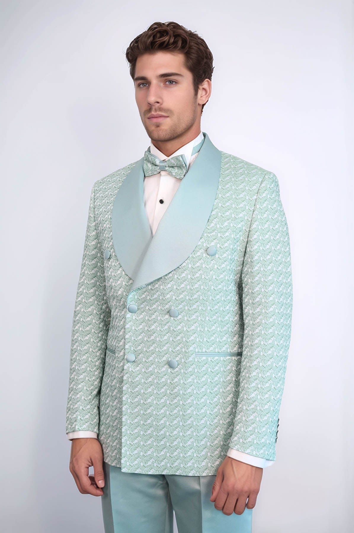 Satin Shawl Collar Patterned Double Breasted Sage Green Men Tuxedo Suit - Wessi