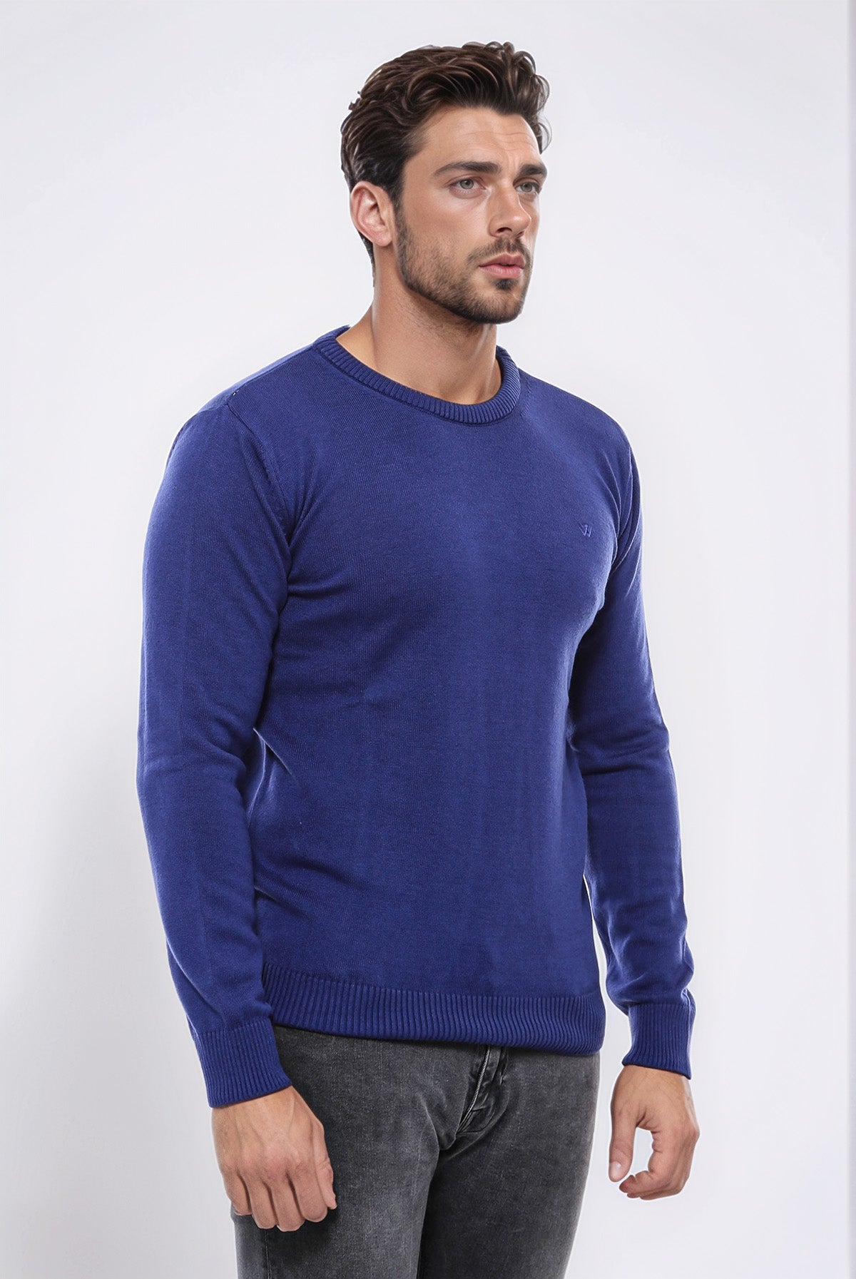 Navy Blue Crew Neck Embroidered Plain Knitwear - Wessi